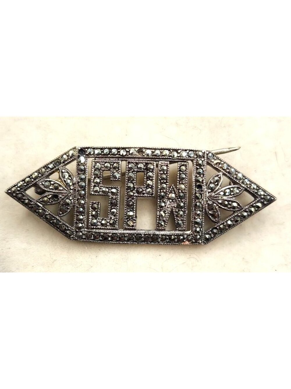 Art Deco Sterling Silver Brooch With SPW Monogram & Marcasite Detailing